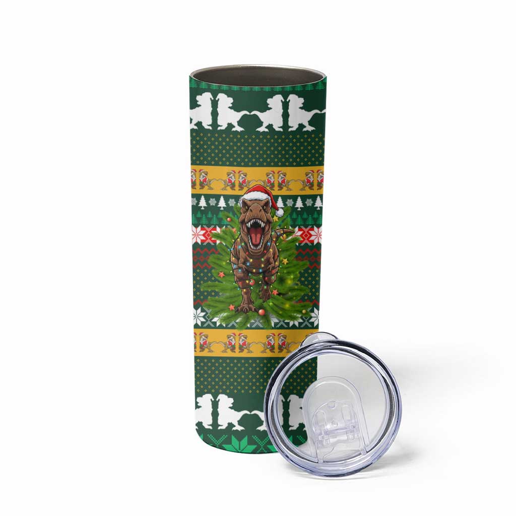 Christmas T Rex In Noel Tree Skinny Tumbler Xmas Holiday Patterns - Wonder Print Shop