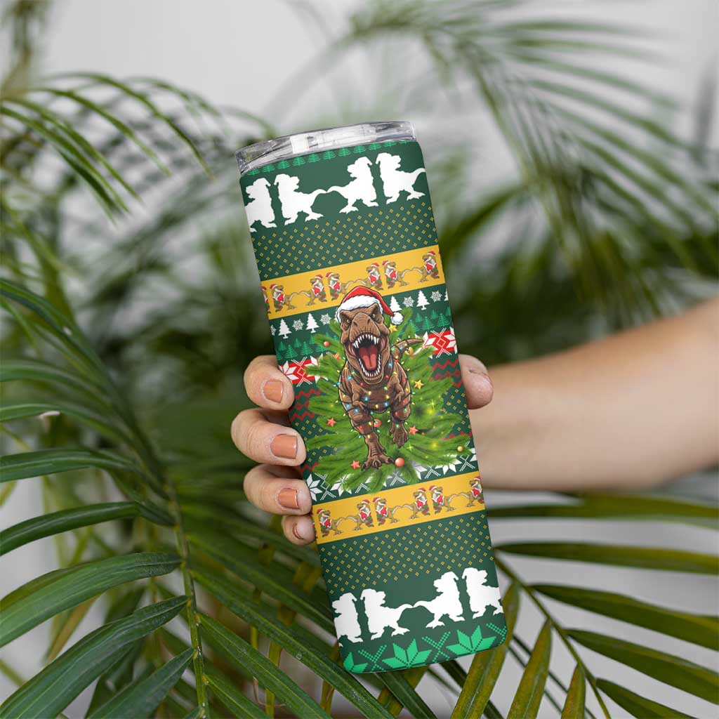 Christmas T Rex In Noel Tree Skinny Tumbler Xmas Holiday Patterns - Wonder Print Shop