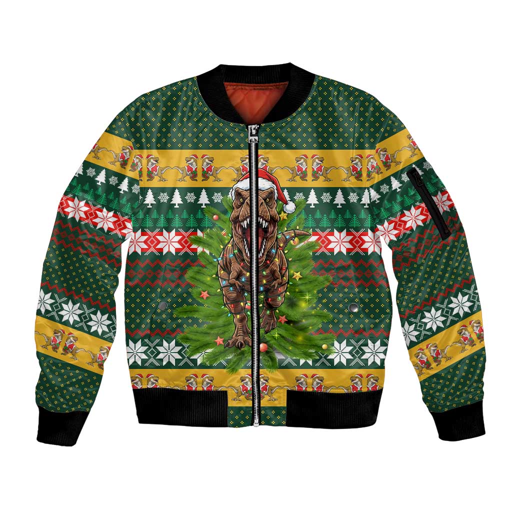 Christmas T Rex In Noel Tree Sleeve Zip Bomber Jacket Xmas Holiday Patterns - Wonder Print Shop