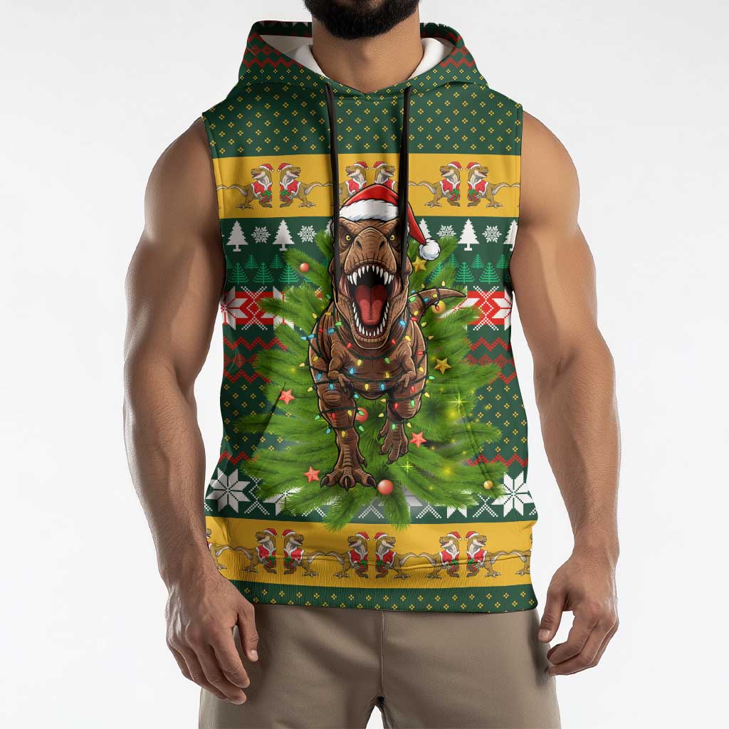 Christmas T Rex In Noel Tree Sleeveless Hoodie Xmas Holiday Patterns - Wonder Print Shop