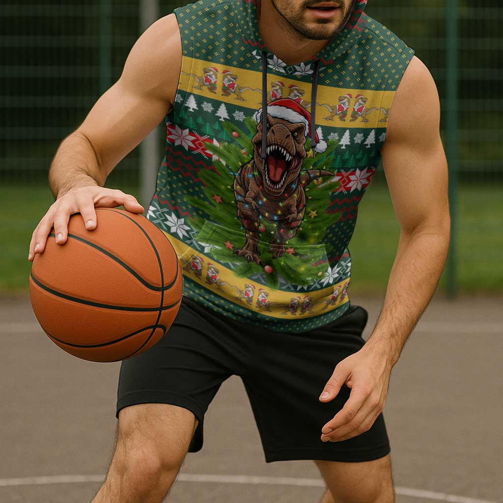 Christmas T Rex In Noel Tree Sleeveless Hoodie Xmas Holiday Patterns - Wonder Print Shop