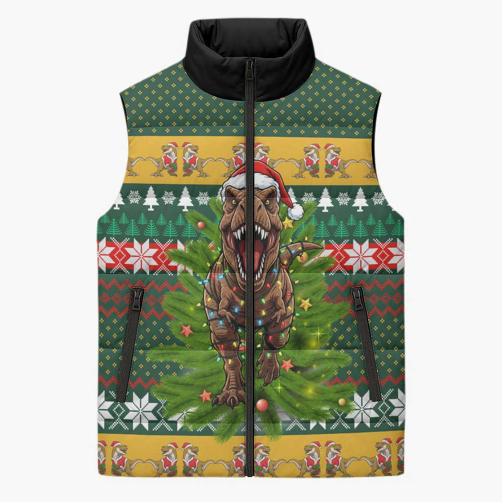 Christmas T Rex In Noel Tree Sleeveless Puffer Jacket Xmas Holiday Patterns - Wonder Print Shop