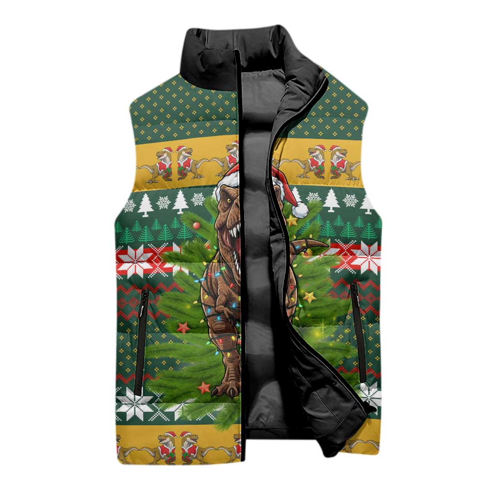 Christmas T Rex In Noel Tree Sleeveless Puffer Jacket Xmas Holiday Patterns - Wonder Print Shop