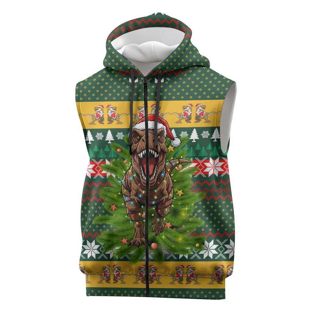 Christmas T Rex In Noel Tree Sleeveless Zip Hoodie Xmas Holiday Patterns - Wonder Print Shop
