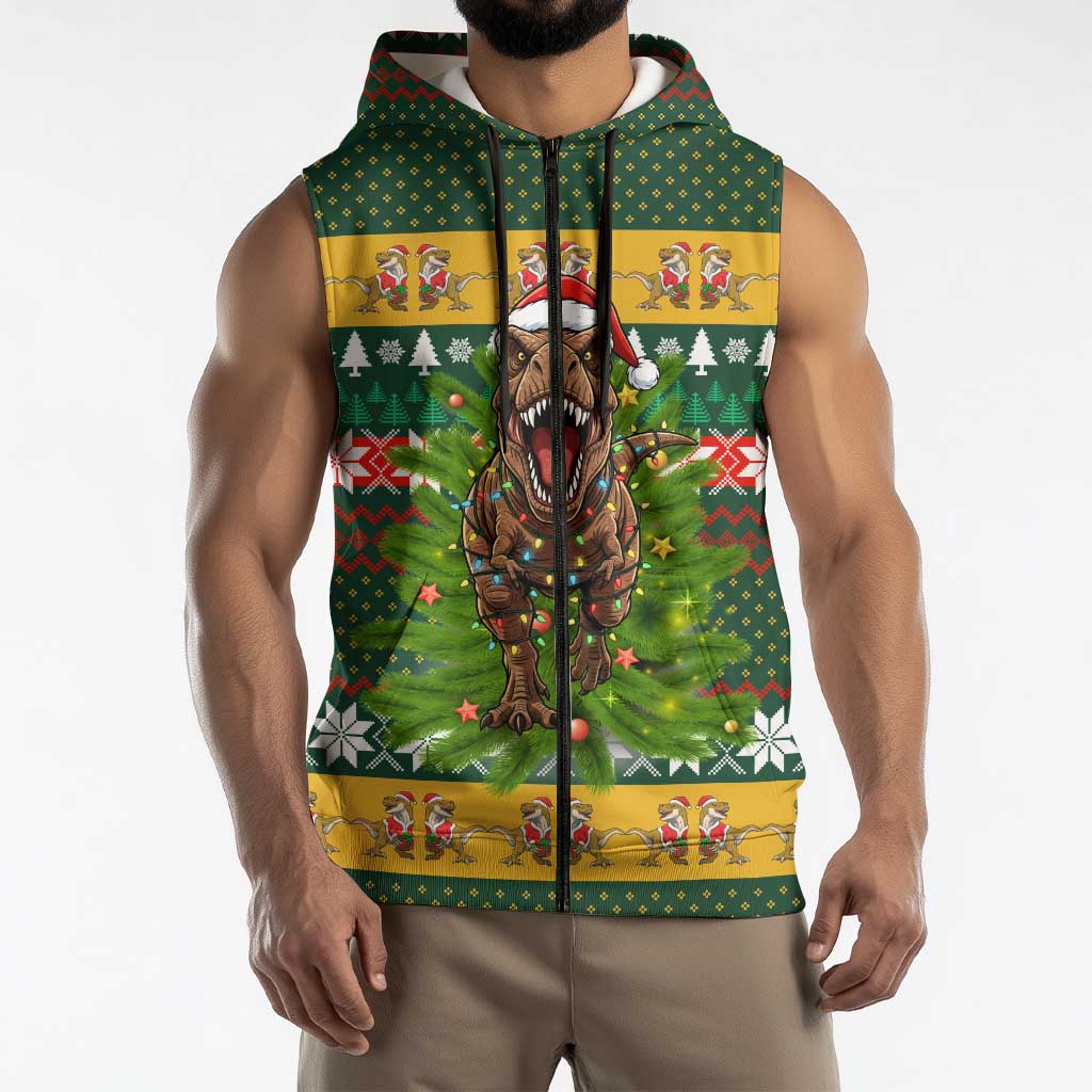 Christmas T Rex In Noel Tree Sleeveless Zip Hoodie Xmas Holiday Patterns - Wonder Print Shop