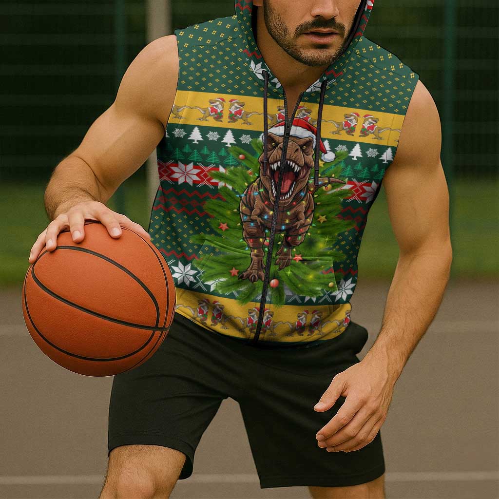 Christmas T Rex In Noel Tree Sleeveless Zip Hoodie Xmas Holiday Patterns - Wonder Print Shop