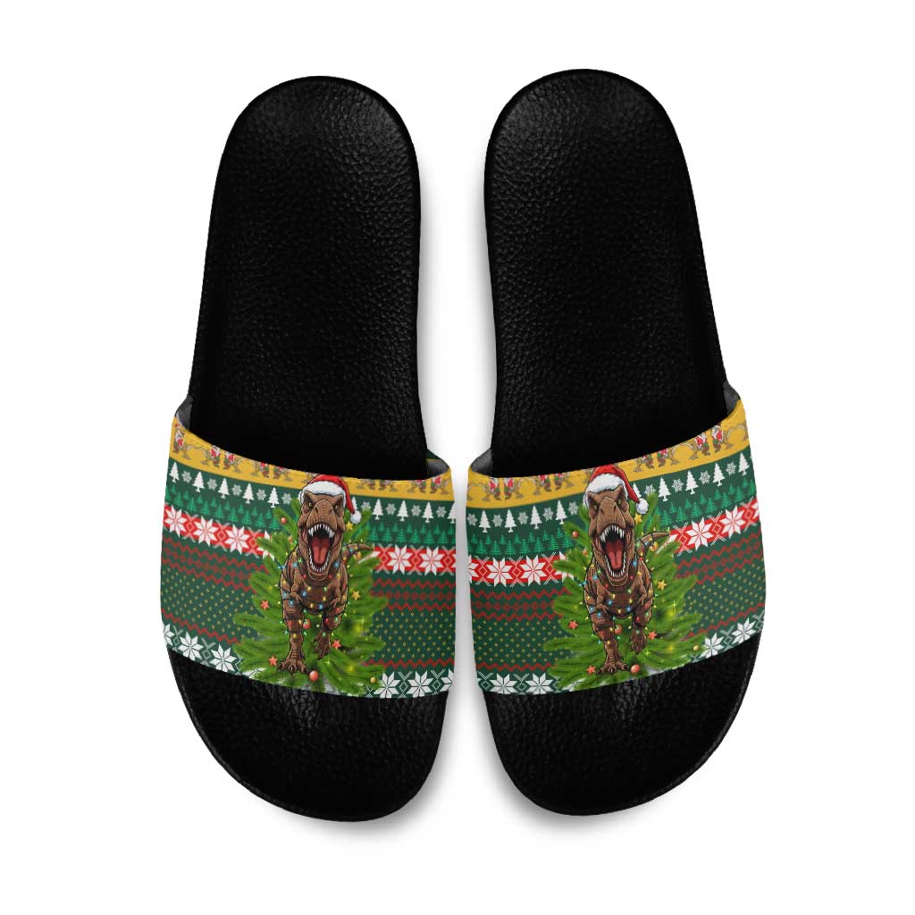 Christmas T Rex In Noel Tree Slide Sandals Xmas Holiday Patterns - Wonder Print Shop