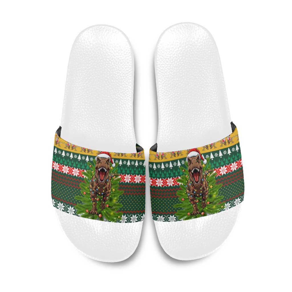 Christmas T Rex In Noel Tree Slide Sandals Xmas Holiday Patterns - Wonder Print Shop
