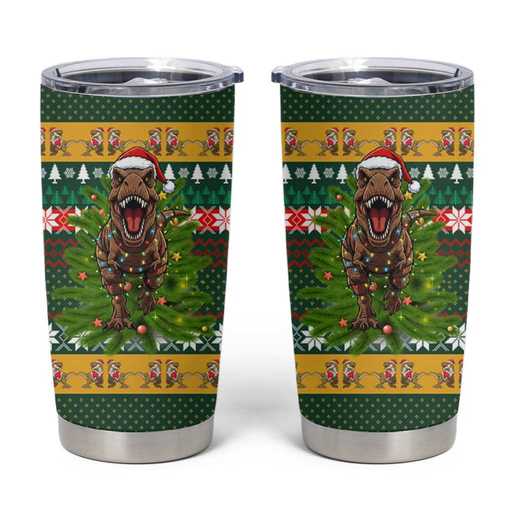 Christmas T Rex In Noel Tree Tumbler Cup Xmas Holiday Patterns - Wonder Print Shop