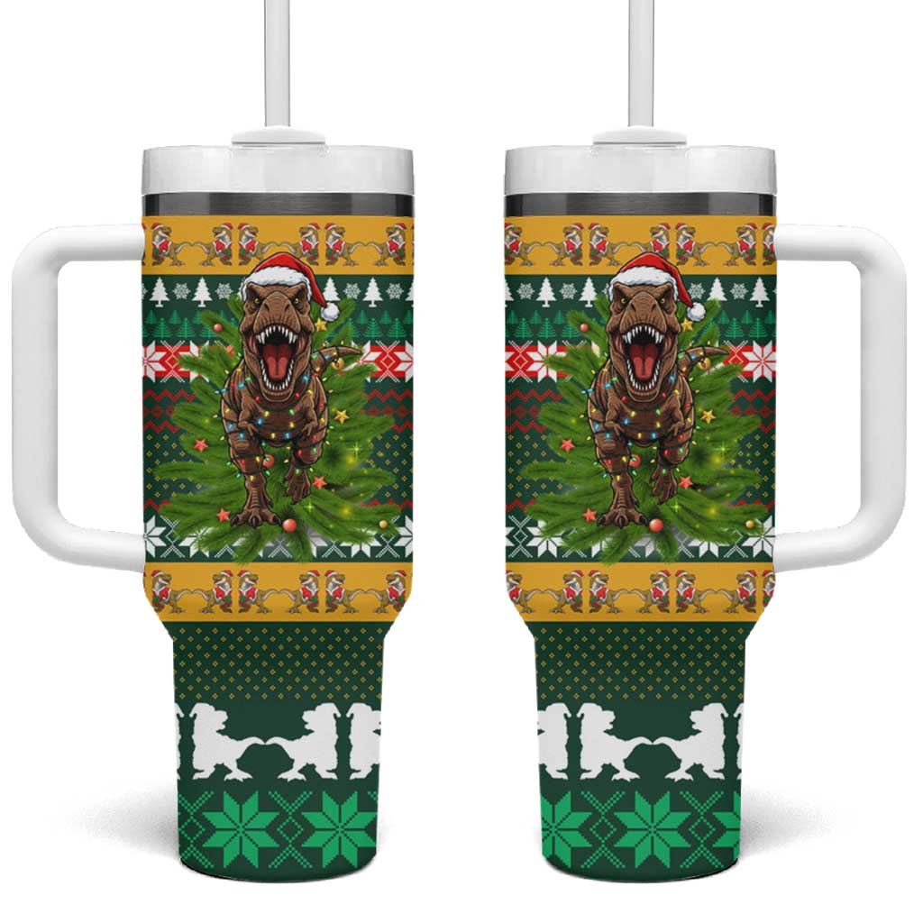 Christmas T Rex In Noel Tree Tumbler With Handle Xmas Holiday Patterns - Wonder Print Shop