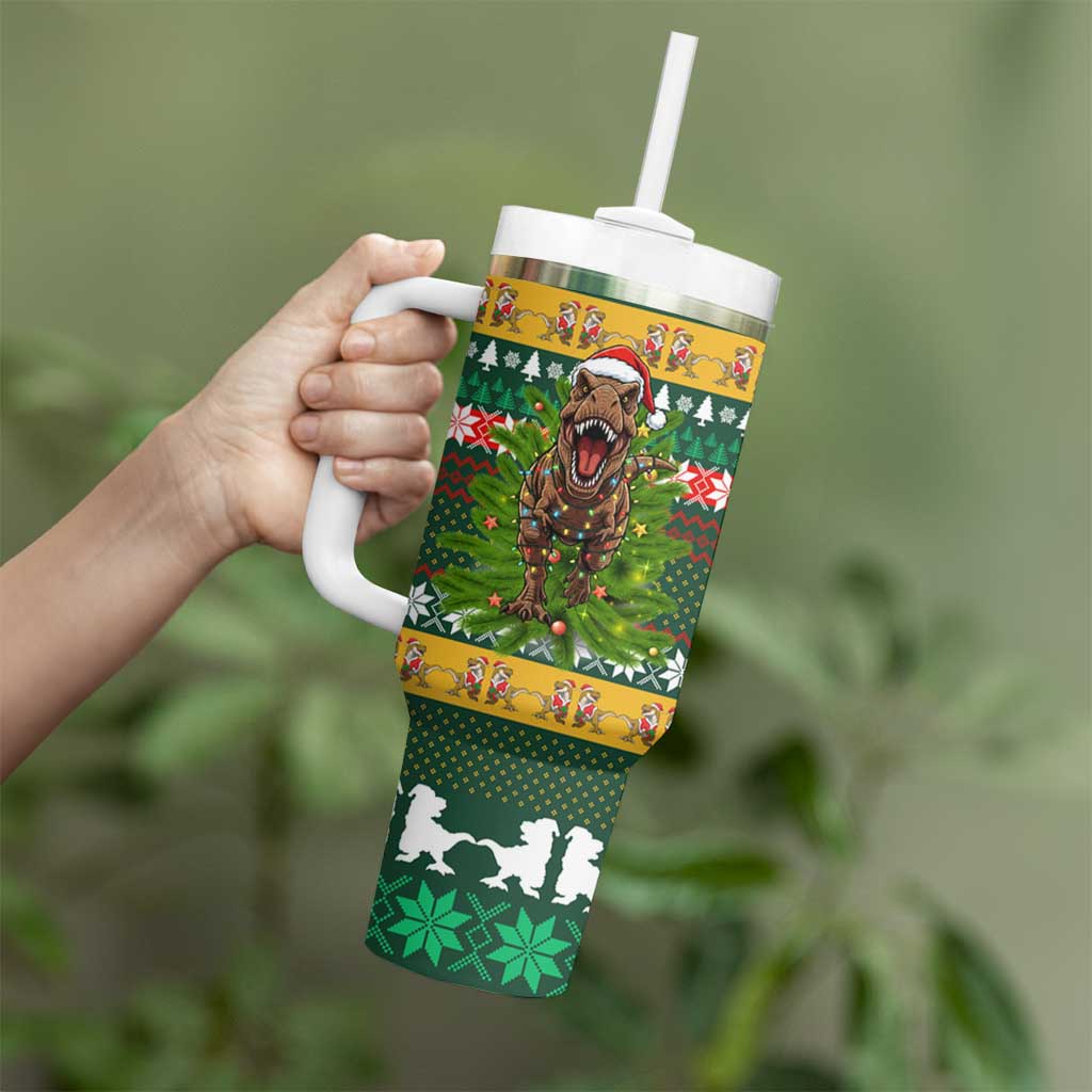 Christmas T Rex In Noel Tree Tumbler With Handle Xmas Holiday Patterns - Wonder Print Shop