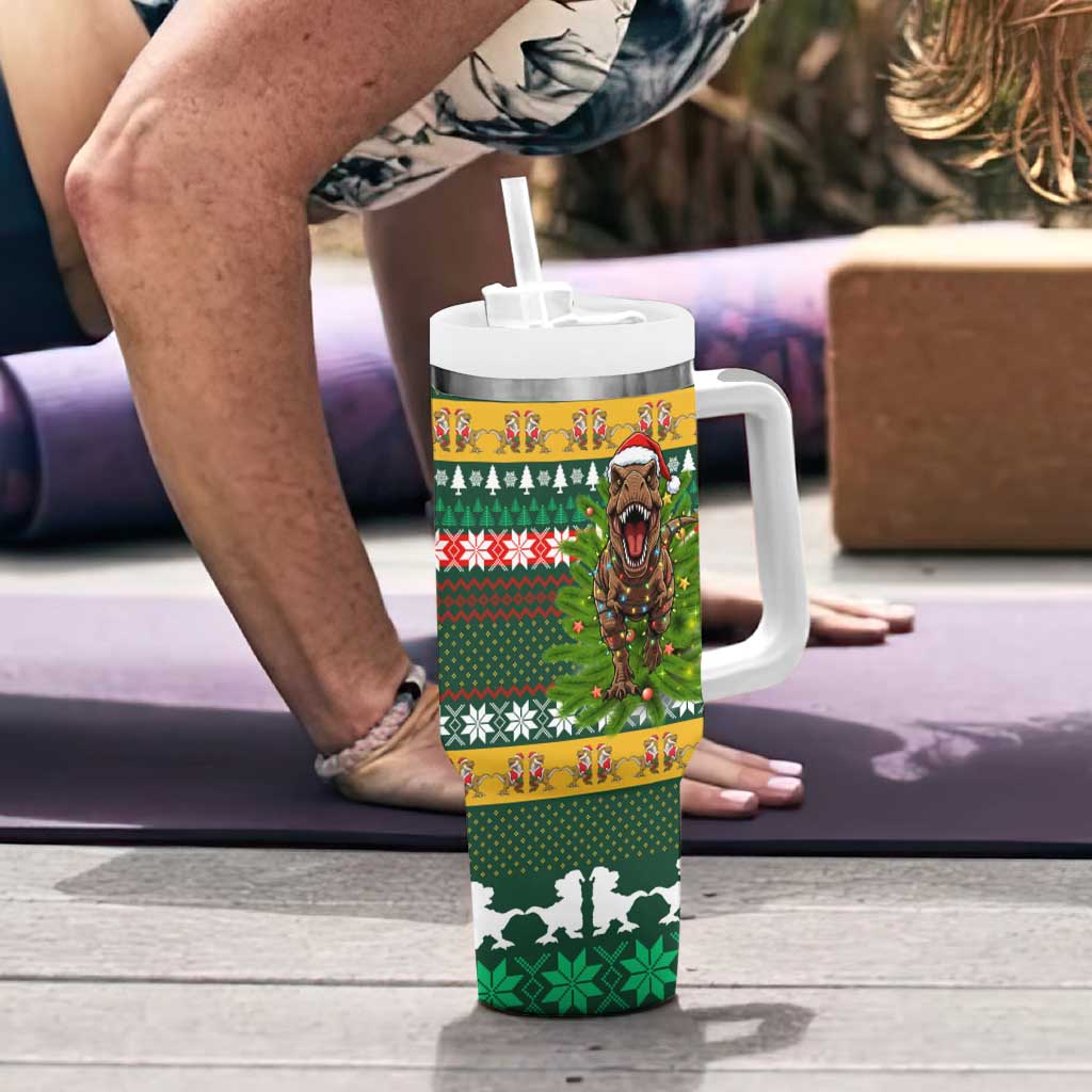 Christmas T Rex In Noel Tree Tumbler With Handle Xmas Holiday Patterns - Wonder Print Shop