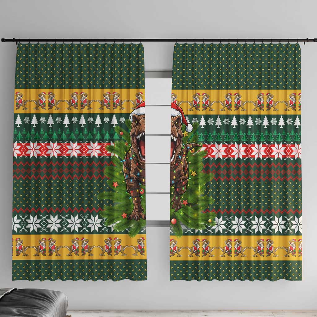 Christmas T Rex In Noel Tree Window Curtain Xmas Holiday Patterns - Wonder Print Shop