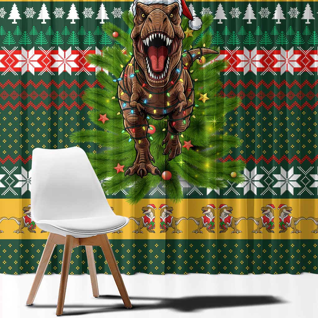 Christmas T Rex In Noel Tree Window Curtain Xmas Holiday Patterns - Wonder Print Shop