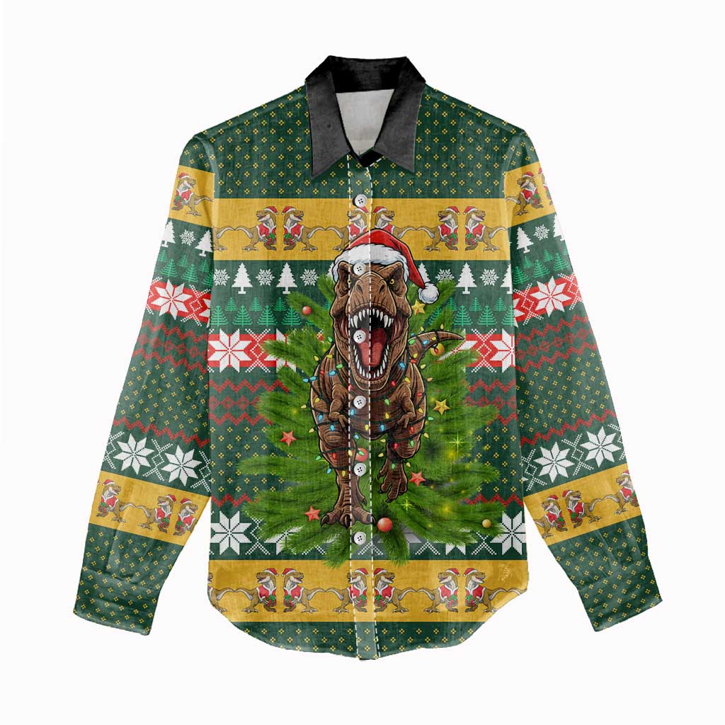 Christmas T Rex In Noel Tree Women Casual Shirt Xmas Holiday Patterns - Wonder Print Shop