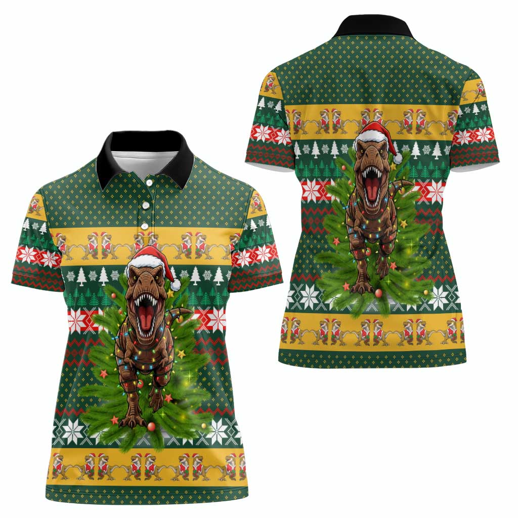 Christmas T Rex In Noel Tree Women Polo Shirt Xmas Holiday Patterns - Wonder Print Shop