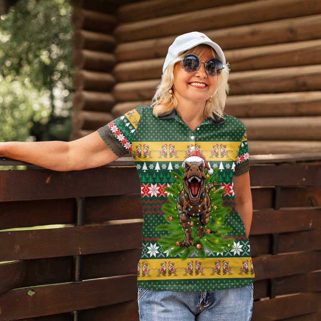 Christmas T Rex In Noel Tree Women Polo Shirt Xmas Holiday Patterns - Wonder Print Shop