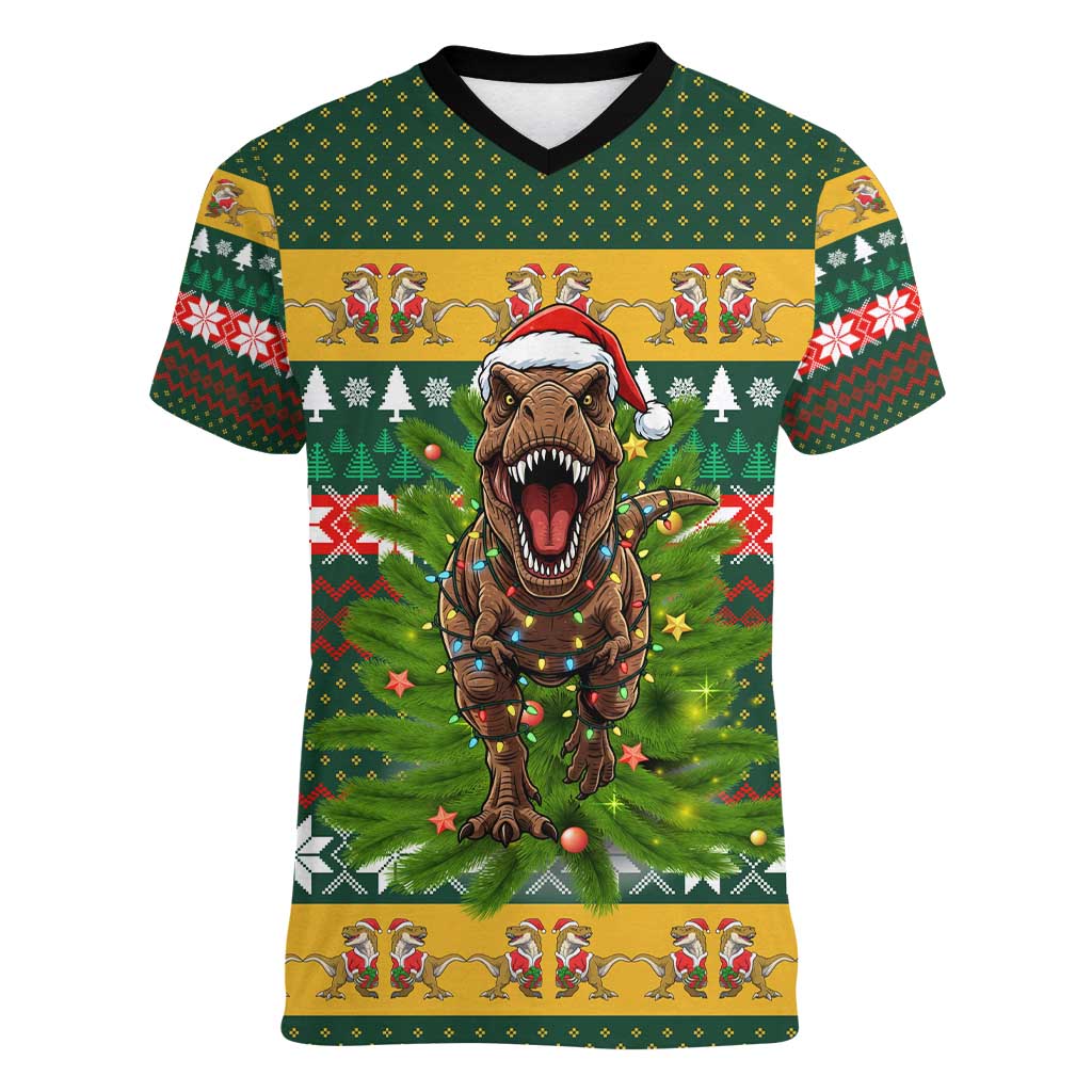 Christmas T Rex In Noel Tree Women V-Neck T-Shirt Xmas Holiday Patterns - Wonder Print Shop