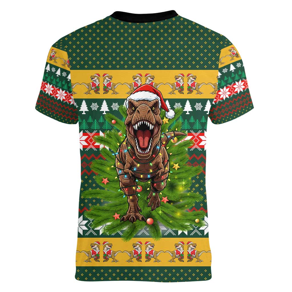 Christmas T Rex In Noel Tree Women V-Neck T-Shirt Xmas Holiday Patterns - Wonder Print Shop