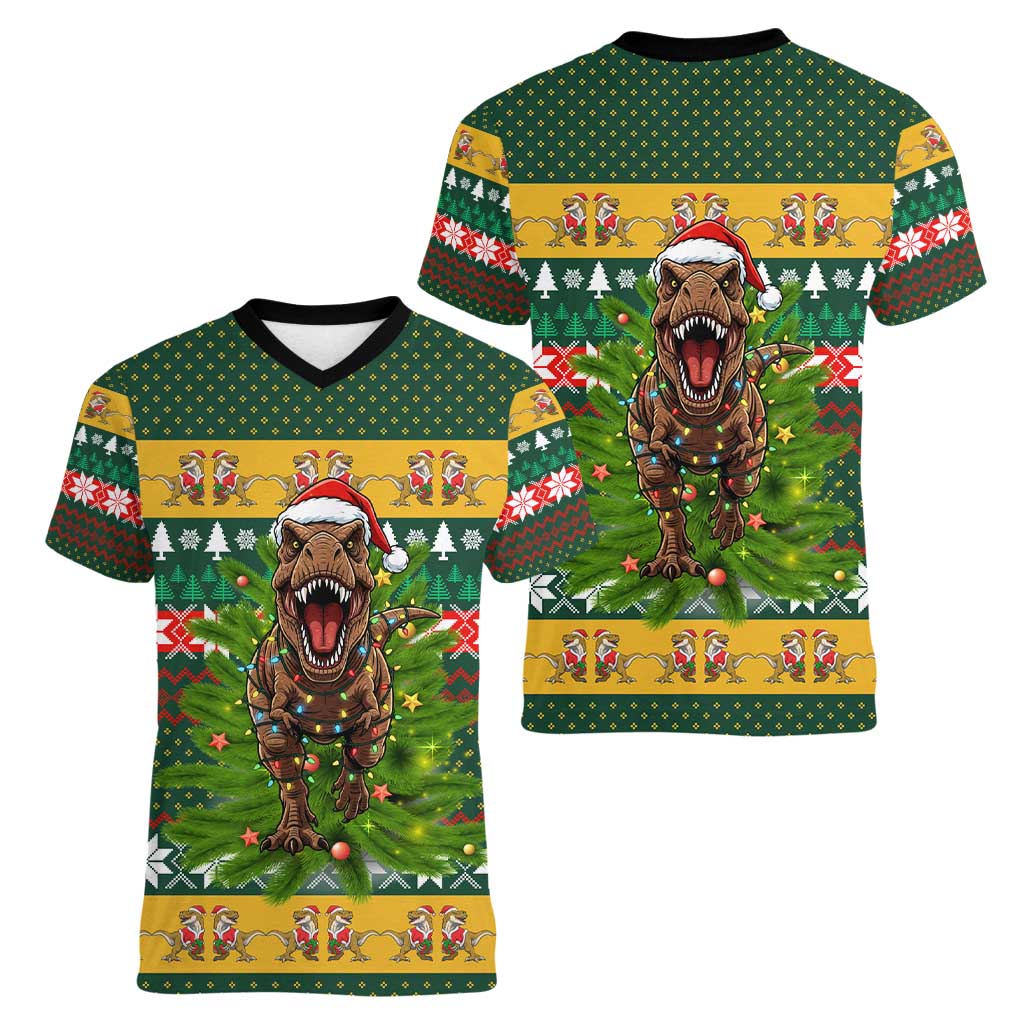 Christmas T Rex In Noel Tree Women V-Neck T-Shirt Xmas Holiday Patterns - Wonder Print Shop