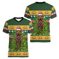 Christmas T Rex In Noel Tree Women V-Neck T-Shirt Xmas Holiday Patterns - Wonder Print Shop