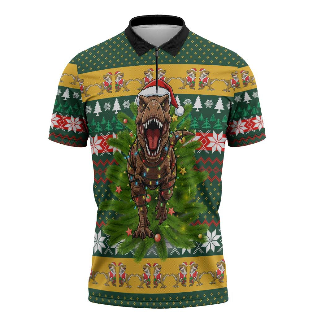 Christmas T Rex In Noel Tree Zipper Polo Shirt Xmas Holiday Patterns - Wonder Print Shop