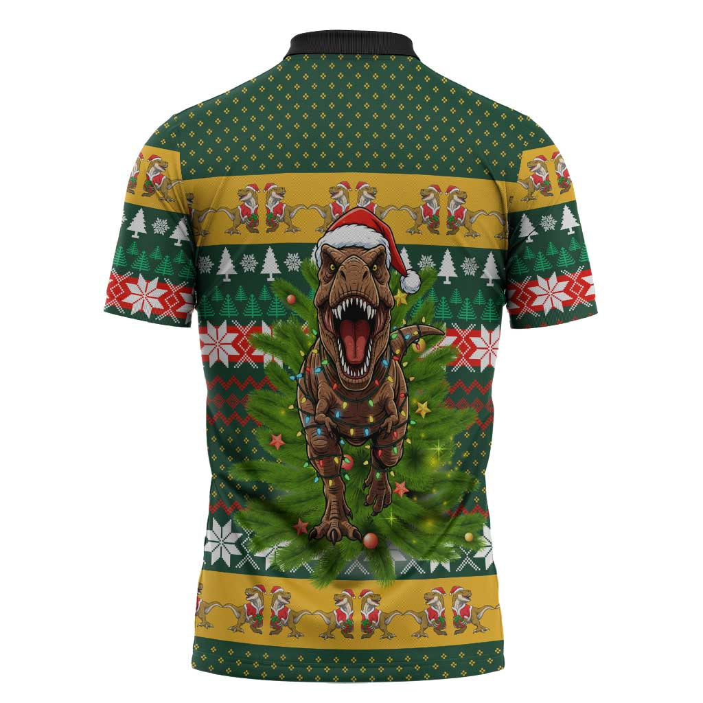 Christmas T Rex In Noel Tree Zipper Polo Shirt Xmas Holiday Patterns - Wonder Print Shop