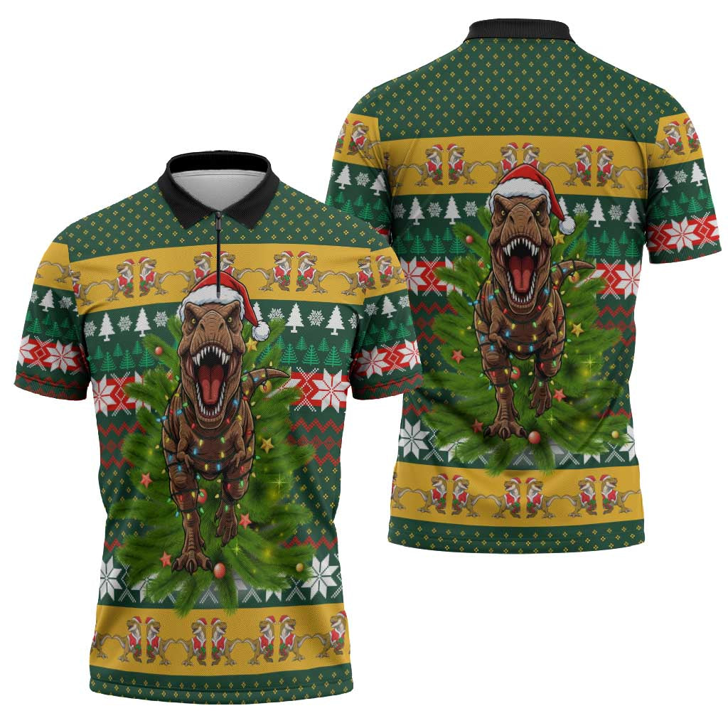 Christmas T Rex In Noel Tree Zipper Polo Shirt Xmas Holiday Patterns - Wonder Print Shop