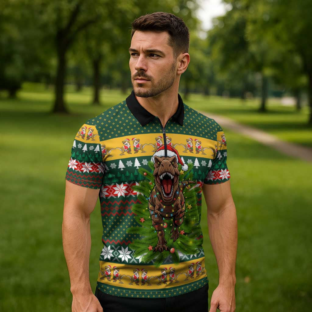 Christmas T Rex In Noel Tree Zipper Polo Shirt Xmas Holiday Patterns - Wonder Print Shop