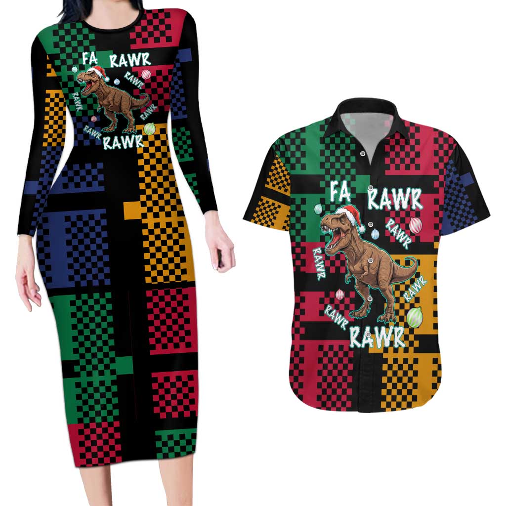 Christmas T Rex Rawr Rawr Rawr Couples Matching Long Sleeve Bodycon Dress and Hawaiian Shirt Xmas Holiday Patterns - Wonder Print Shop