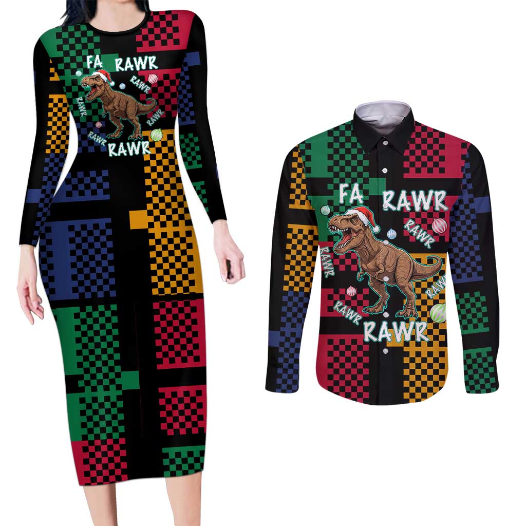 Christmas T Rex Rawr Rawr Rawr Couples Matching Long Sleeve Bodycon Dress and Long Sleeve Button Shirt Xmas Holiday Patterns - Wonder Print Shop