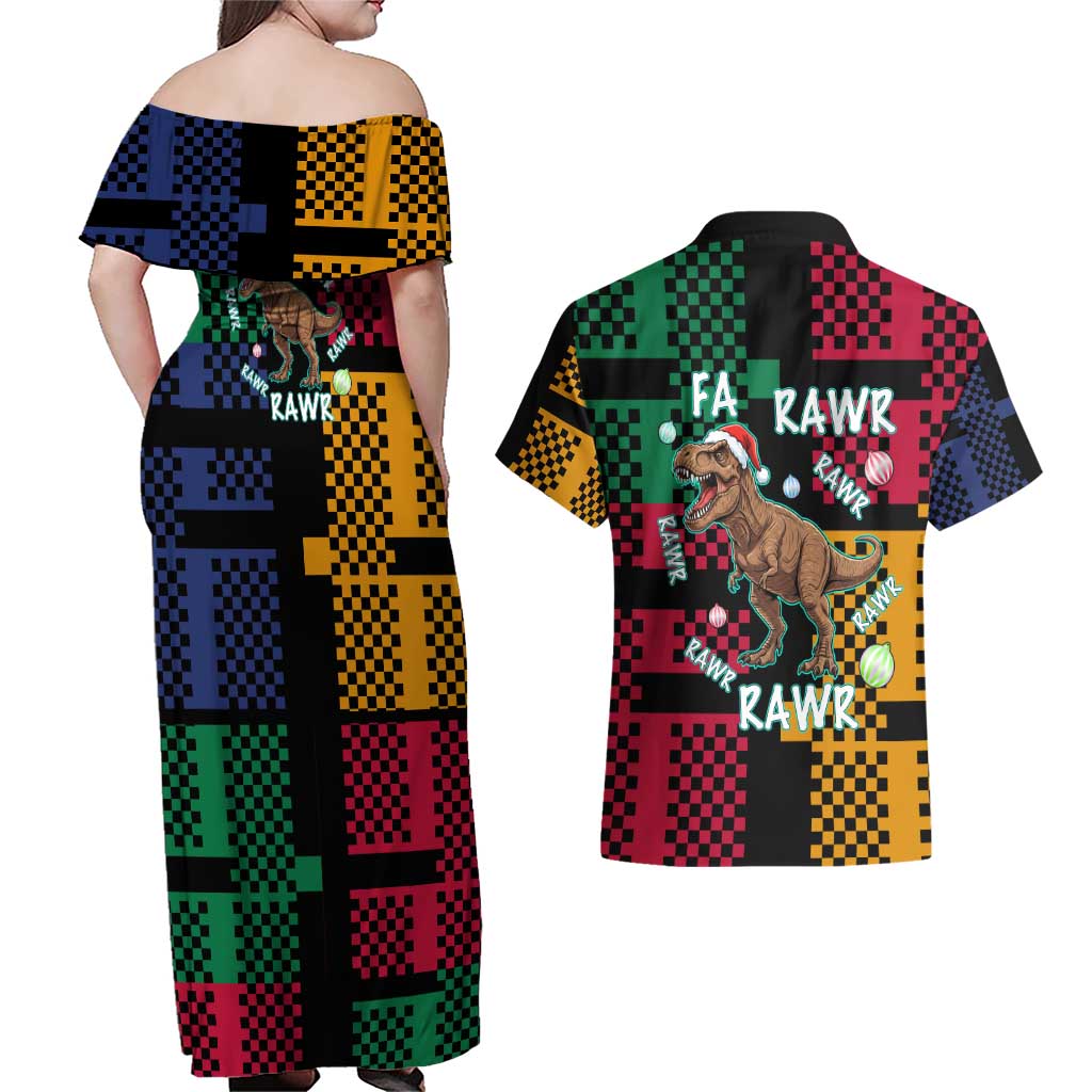 Christmas T Rex Rawr Rawr Rawr Couples Matching Off Shoulder Maxi Dress and Hawaiian Shirt Xmas Holiday Patterns - Wonder Print Shop