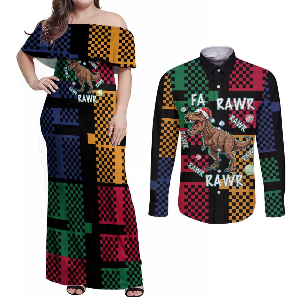 Christmas T Rex Rawr Rawr Rawr Couples Matching Off Shoulder Maxi Dress and Long Sleeve Button Shirt Xmas Holiday Patterns - Wonder Print Shop
