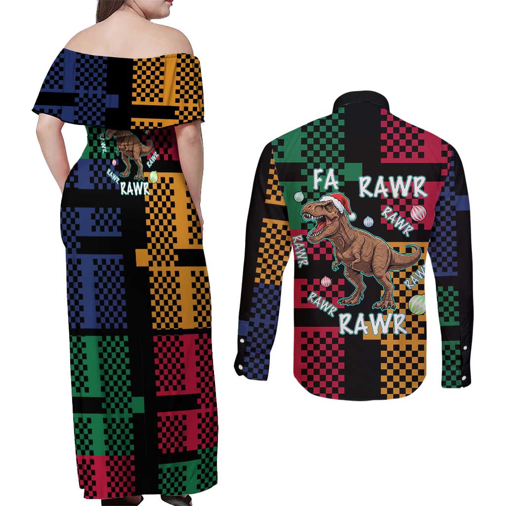 Christmas T Rex Rawr Rawr Rawr Couples Matching Off Shoulder Maxi Dress and Long Sleeve Button Shirt Xmas Holiday Patterns - Wonder Print Shop