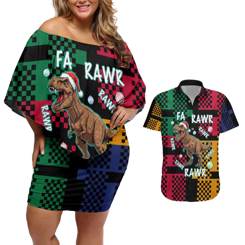 Christmas T Rex Rawr Rawr Rawr Couples Matching Off Shoulder Short Dress and Hawaiian Shirt Xmas Holiday Patterns - Wonder Print Shop