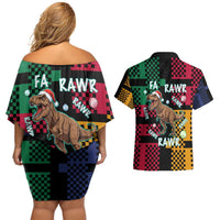 Christmas T Rex Rawr Rawr Rawr Couples Matching Off Shoulder Short Dress and Hawaiian Shirt Xmas Holiday Patterns - Wonder Print Shop
