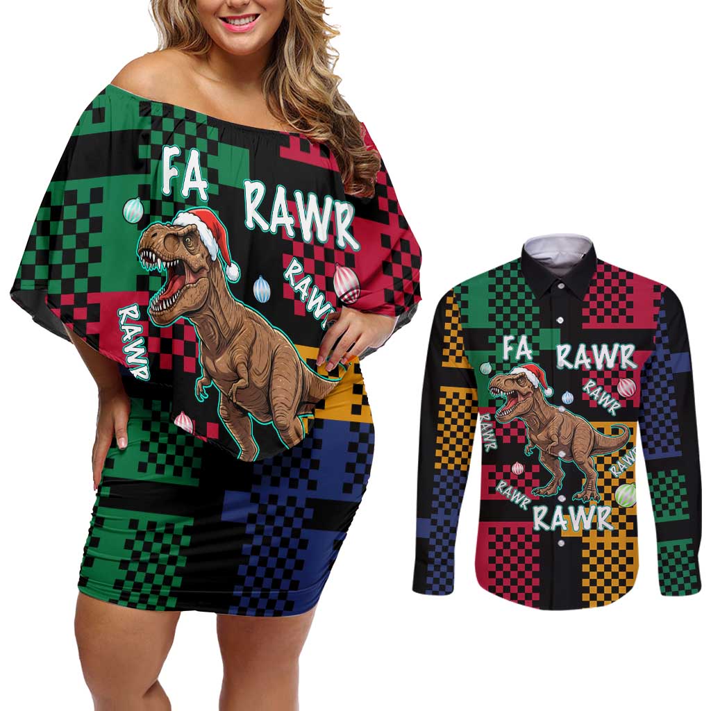 Christmas T Rex Rawr Rawr Rawr Couples Matching Off Shoulder Short Dress and Long Sleeve Button Shirt Xmas Holiday Patterns - Wonder Print Shop