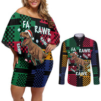 Christmas T Rex Rawr Rawr Rawr Couples Matching Off Shoulder Short Dress and Long Sleeve Button Shirt Xmas Holiday Patterns - Wonder Print Shop