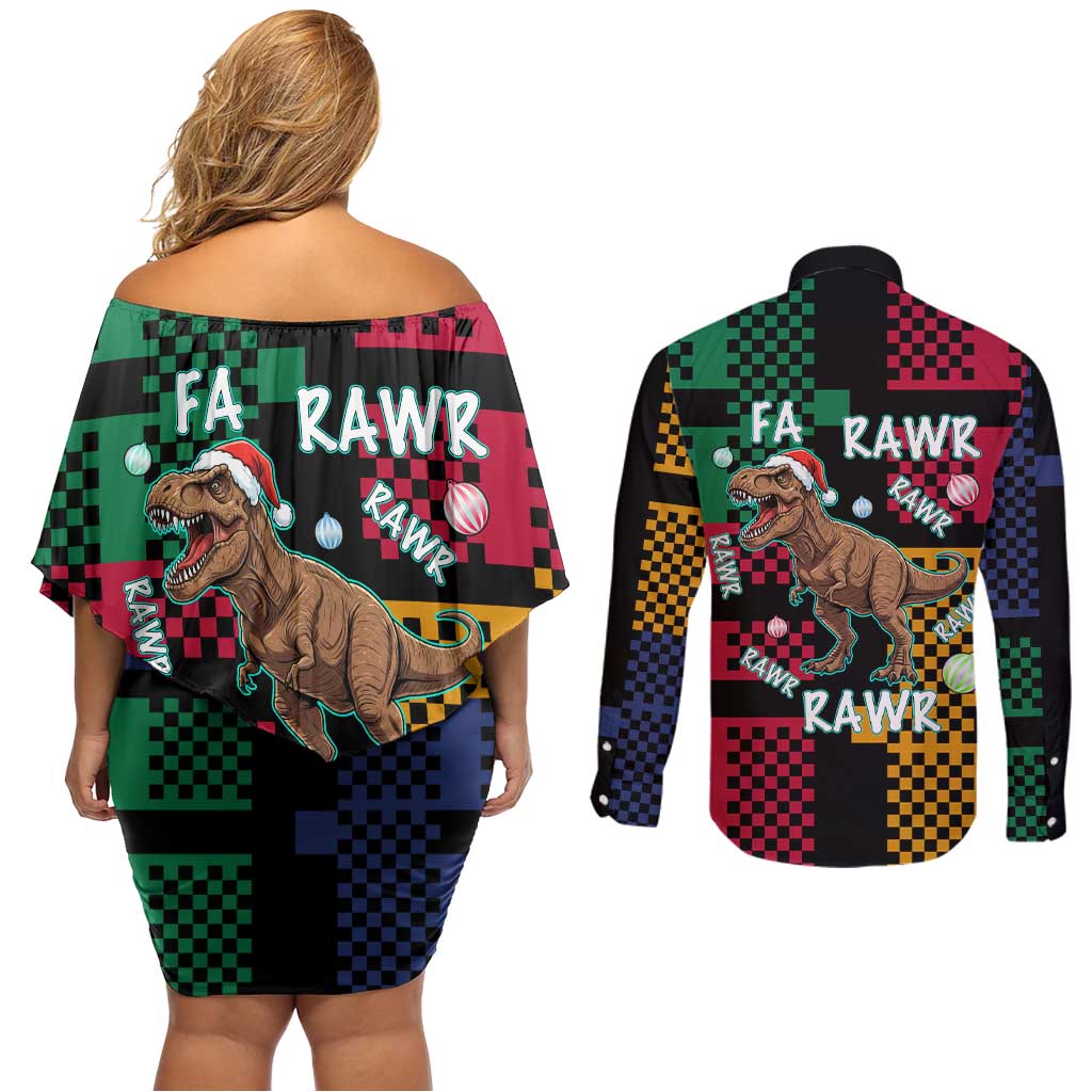 Christmas T Rex Rawr Rawr Rawr Couples Matching Off Shoulder Short Dress and Long Sleeve Button Shirt Xmas Holiday Patterns - Wonder Print Shop
