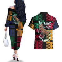 Christmas T Rex Rawr Rawr Rawr Couples Matching Off The Shoulder Long Sleeve Dress and Hawaiian Shirt Xmas Holiday Patterns - Wonder Print Shop