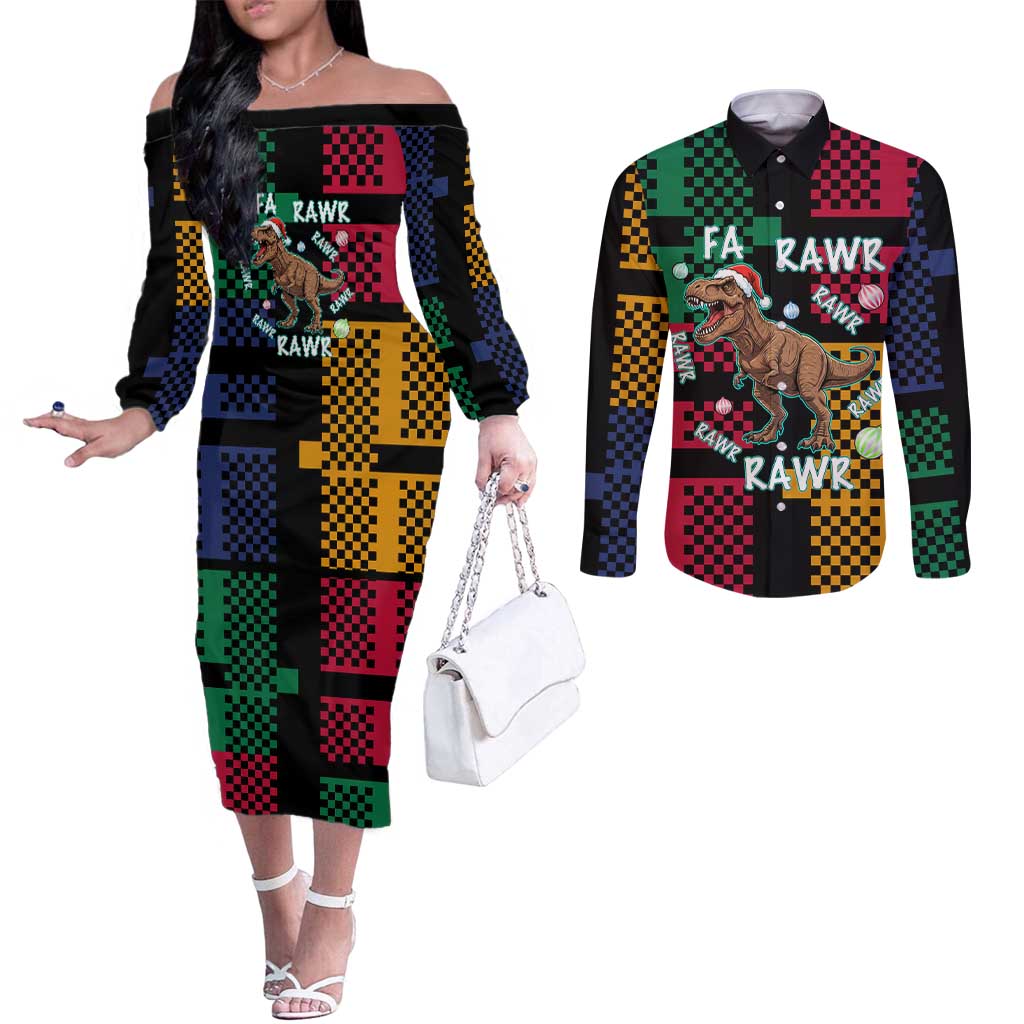 Christmas T Rex Rawr Rawr Rawr Couples Matching Off The Shoulder Long Sleeve Dress and Long Sleeve Button Shirt Xmas Holiday Patterns - Wonder Print Shop
