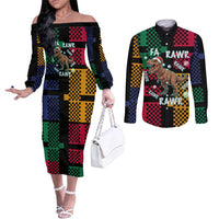 Christmas T Rex Rawr Rawr Rawr Couples Matching Off The Shoulder Long Sleeve Dress and Long Sleeve Button Shirt Xmas Holiday Patterns - Wonder Print Shop