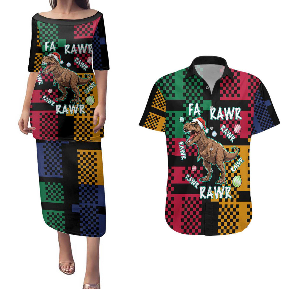 Christmas T Rex Rawr Rawr Rawr Couples Matching Puletasi and Hawaiian Shirt Xmas Holiday Patterns - Wonder Print Shop