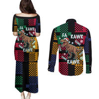 Christmas T Rex Rawr Rawr Rawr Couples Matching Puletasi and Long Sleeve Button Shirt Xmas Holiday Patterns - Wonder Print Shop