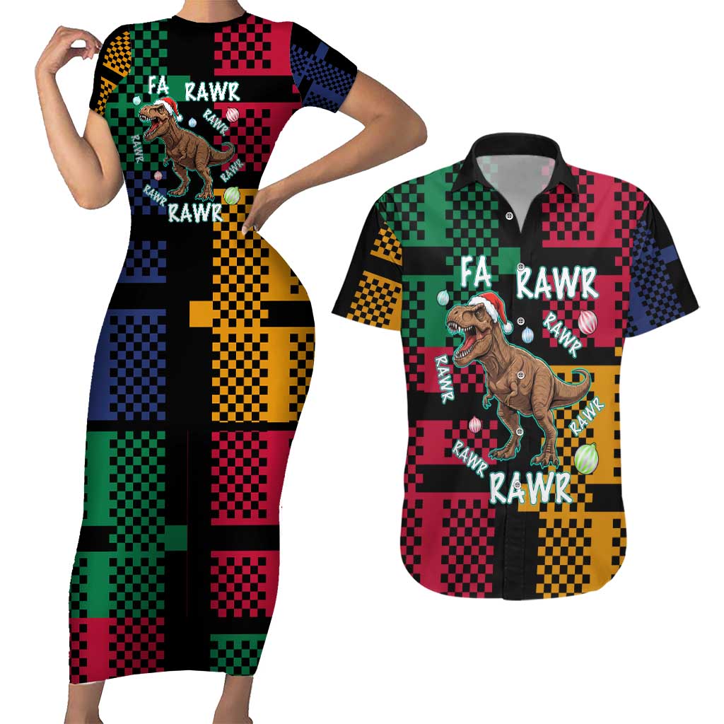 Christmas T Rex Rawr Rawr Rawr Couples Matching Short Sleeve Bodycon Dress and Hawaiian Shirt Xmas Holiday Patterns - Wonder Print Shop