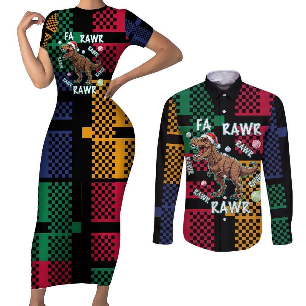 Christmas T Rex Rawr Rawr Rawr Couples Matching Short Sleeve Bodycon Dress and Long Sleeve Button Shirt Xmas Holiday Patterns - Wonder Print Shop