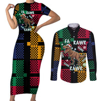 Christmas T Rex Rawr Rawr Rawr Couples Matching Short Sleeve Bodycon Dress and Long Sleeve Button Shirt Xmas Holiday Patterns - Wonder Print Shop