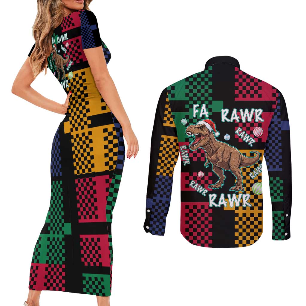 Christmas T Rex Rawr Rawr Rawr Couples Matching Short Sleeve Bodycon Dress and Long Sleeve Button Shirt Xmas Holiday Patterns - Wonder Print Shop
