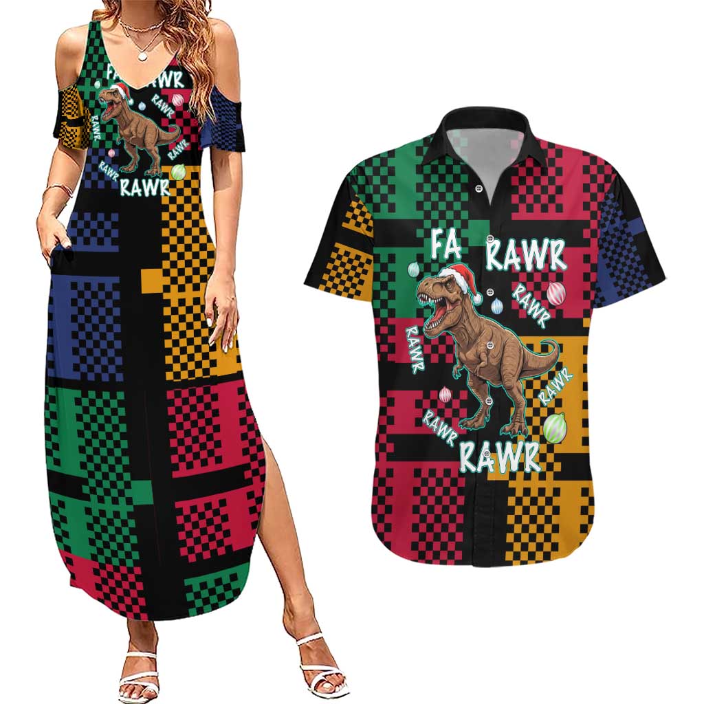 Christmas T Rex Rawr Rawr Rawr Couples Matching Summer Maxi Dress and Hawaiian Shirt Xmas Holiday Patterns - undefined