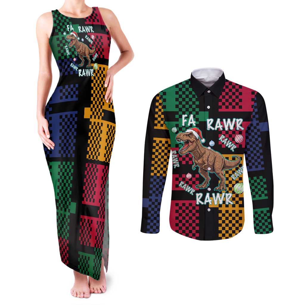 Christmas T Rex Rawr Rawr Rawr Couples Matching Tank Maxi Dress and Long Sleeve Button Shirt Xmas Holiday Patterns - Wonder Print Shop